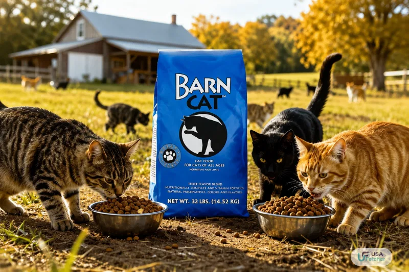 Barn Cat dry cat food bag with outdoor cats eating