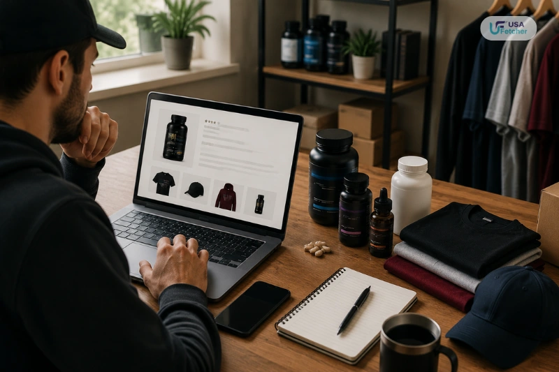 Customer reviewing online products with supplements and merchandise before buying