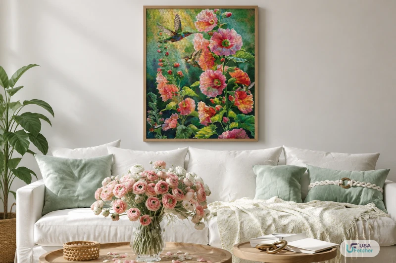 eeBoo floral puzzle artwork displayed on living room wall