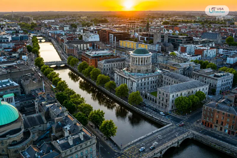 Aerial view of Dublin city with the River Liffey, historic buildings, bridges, and skyline at sunset