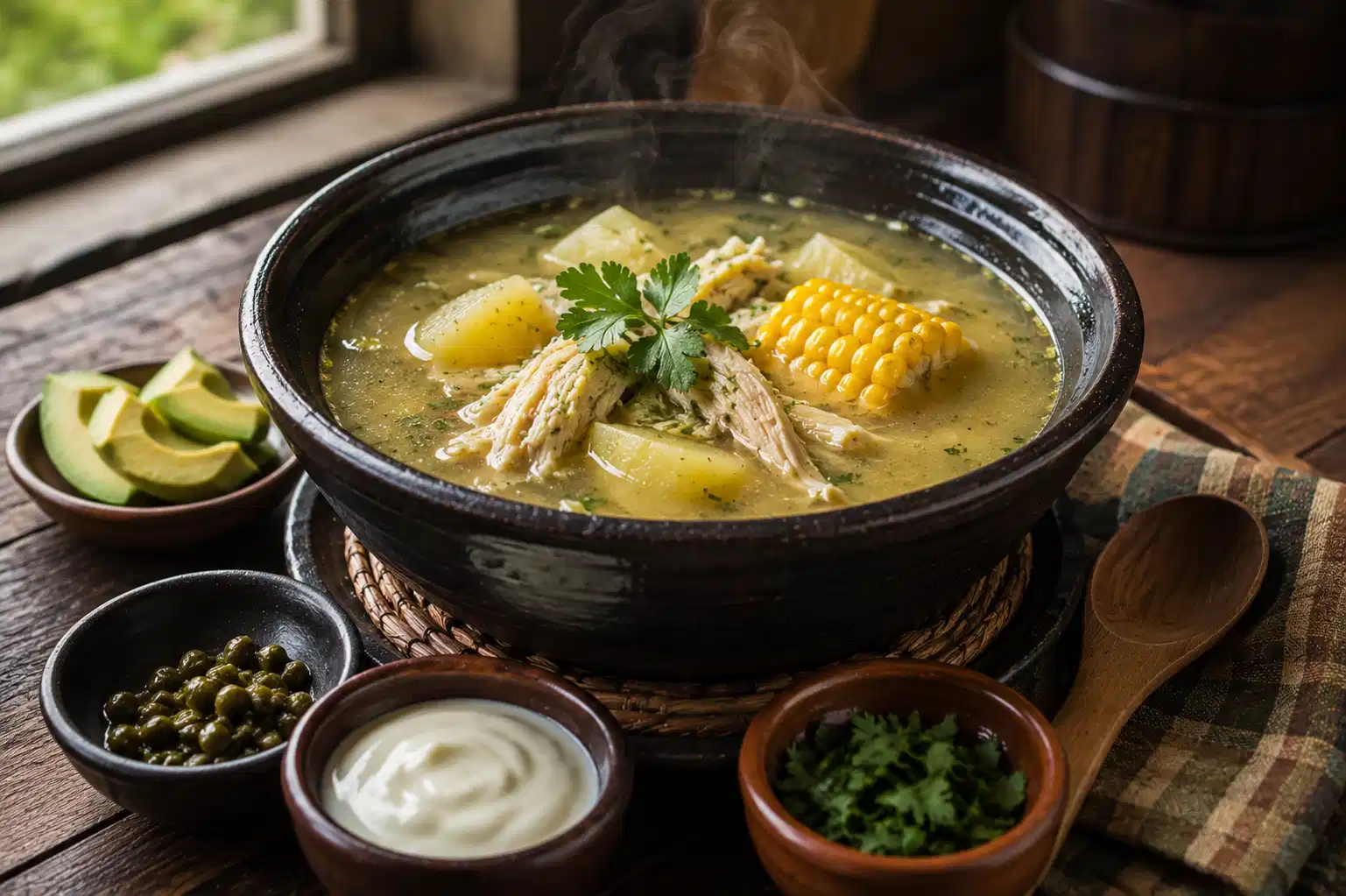 Ajiaco soup with chicken, potatoes, corn, avocado, capers, and cream