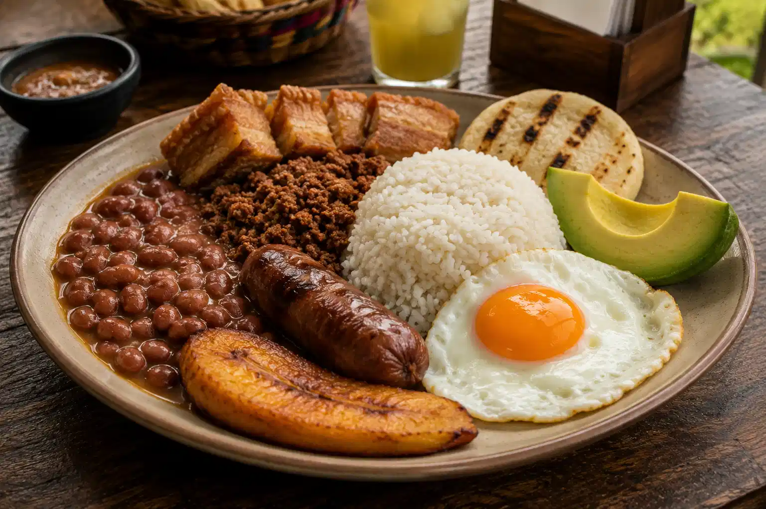 Bandeja Paisa with beans, rice, ground beef, chicharrón, egg, plantain, avocado, and arepa