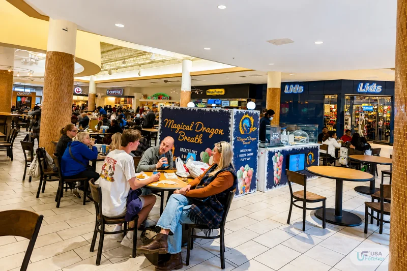Busy Oak Park Mall food court with popular restaurants and family dining area