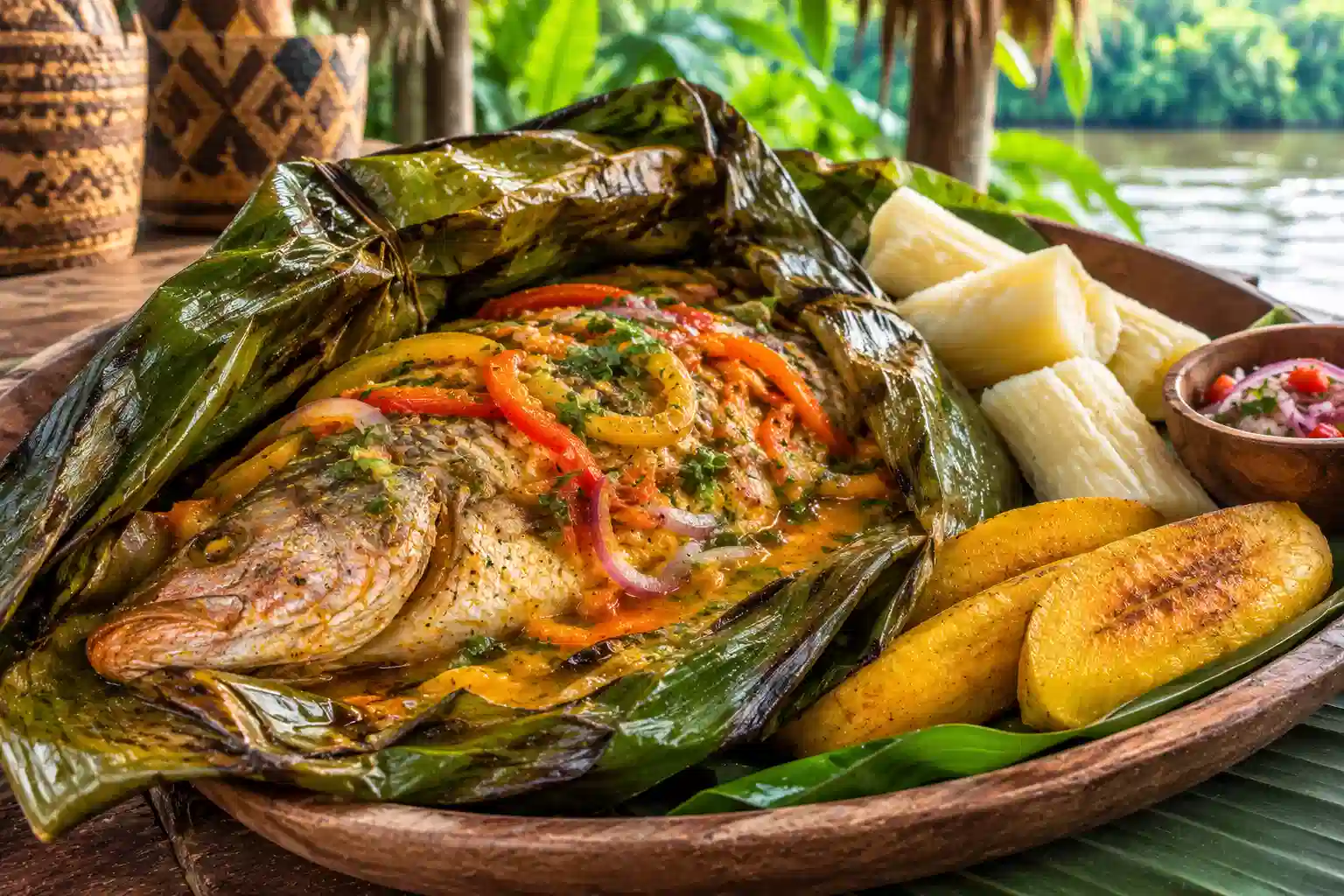 Colombian Amazonian fish wrapped in banana leaves with cassava and plantains