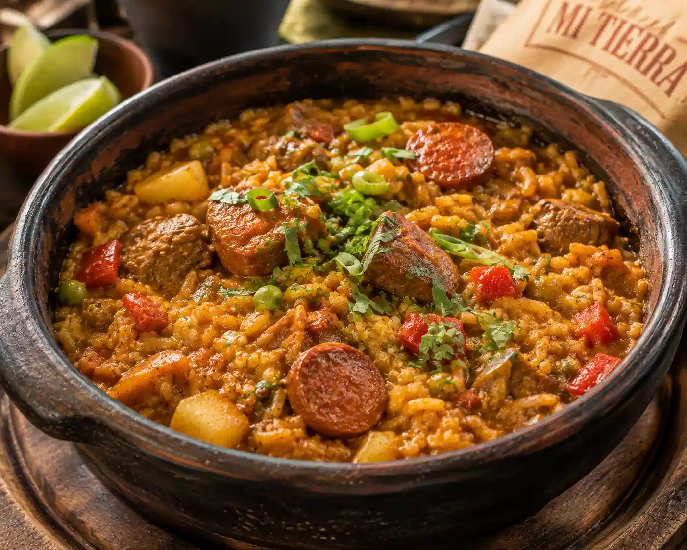 Colombian arroz atollado with rice, meat, sausage, vegetables, and fresh herbs