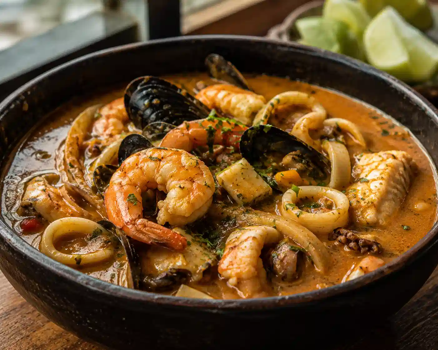 Colombian cazuela de mariscos with shrimp, mussels, squid, and fish in a rich seafood broth