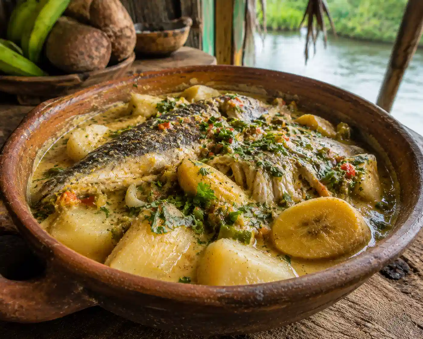 Colombian pusandao with fish, cassava, plantain, herbs, and coconut broth