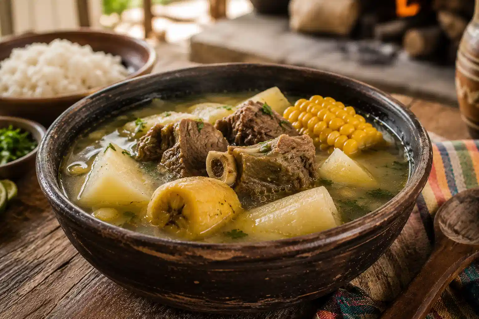 Colombian sancocho with beef, plantain, cassava, potatoes, and corn