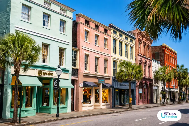 Colorful historic storefronts and palm-lined streets on King Street Charleston