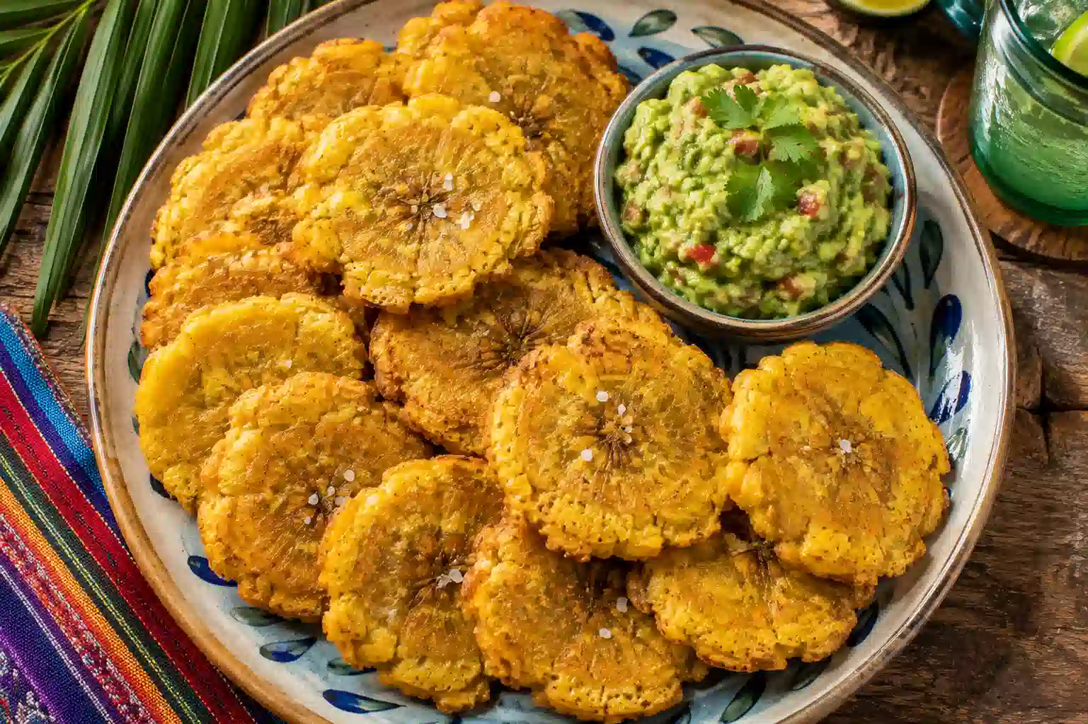 Crispy Colombian patacones with fresh guacamole on a ceramic plate