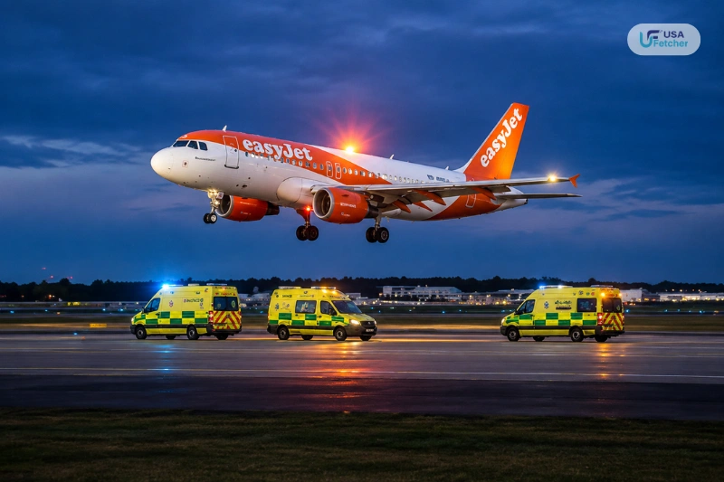 EasyJet flight with emergency vehicles at airport runway