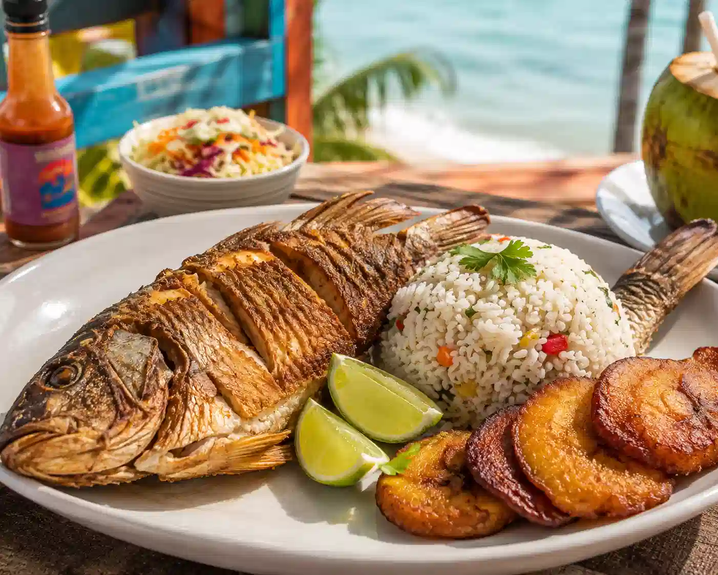 Fried fish with coconut rice, plantains, and lime on a coastal table