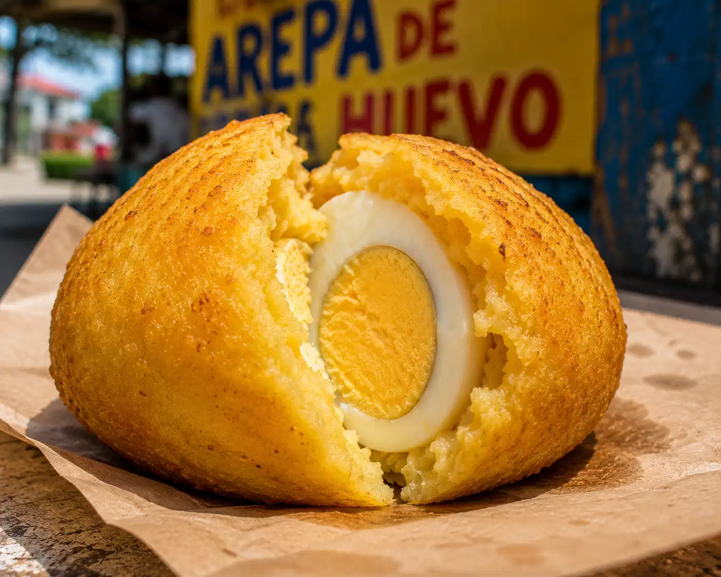 Golden Colombian arepa de huevo cut open to show the egg inside