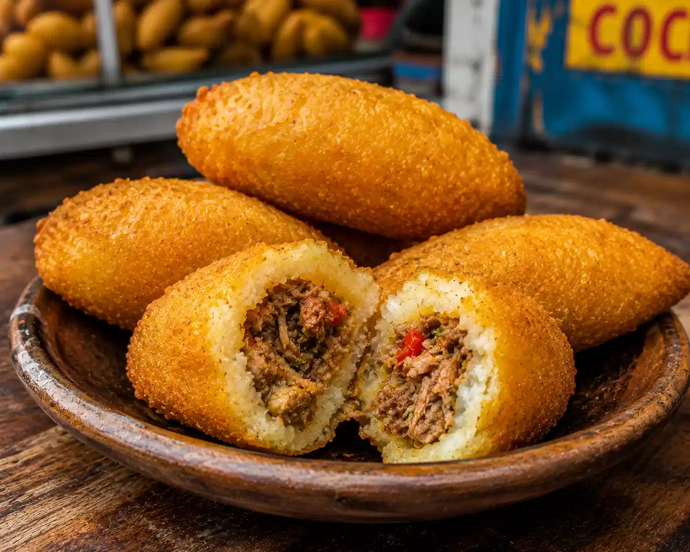 Golden Colombian carimañolas with savory meat filling on a rustic plate