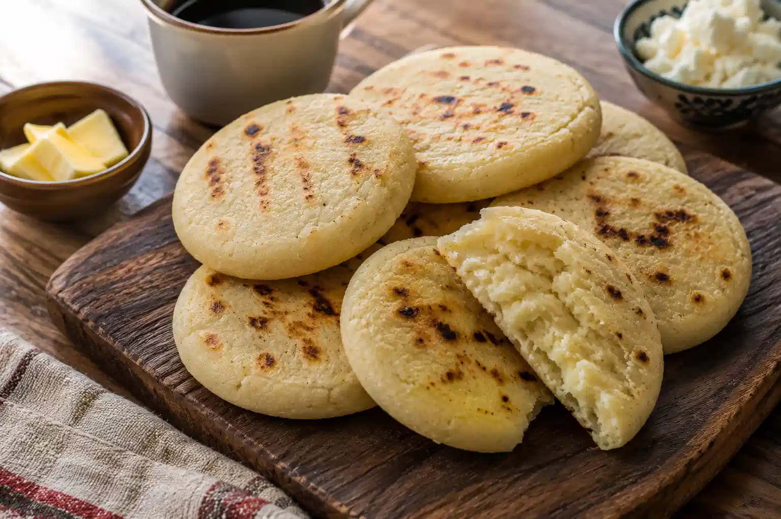 Grilled Colombian arepas stacked on a rustic wooden board with coffee and cheese