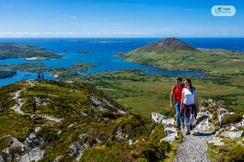 Hikers enjoying scenic mountain trails and coastal views in Connemara National Park, Ireland