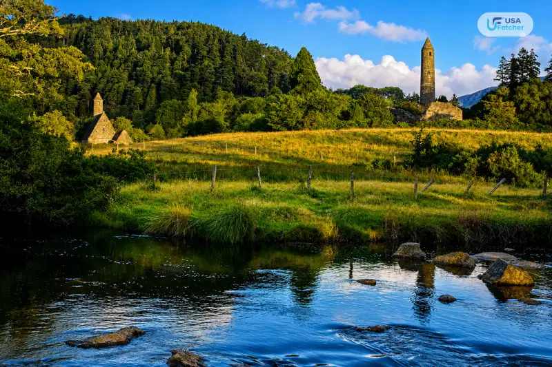 Scenic view of Glendalough in Wicklow Mountains National Park with the historic round tower and peaceful river