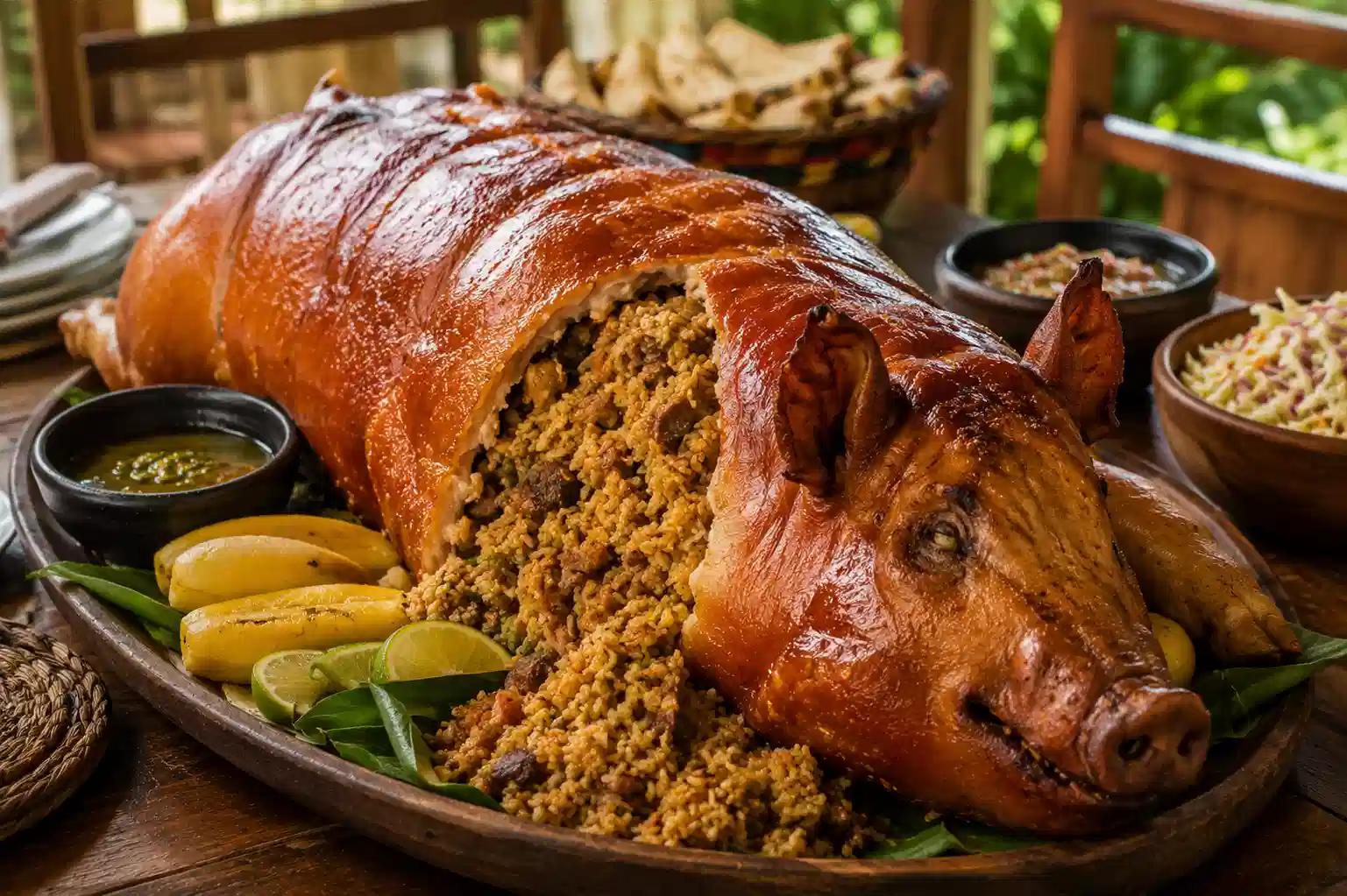 Traditional Colombian lechona with crispy roasted pork and savory rice stuffing