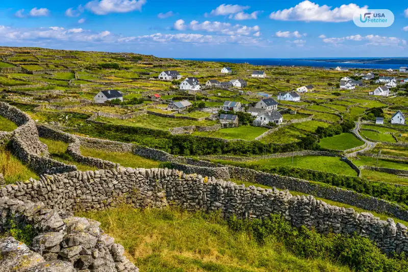 Traditional stone-walled fields and white cottages across the scenic Aran Islands off Ireland’s west coast