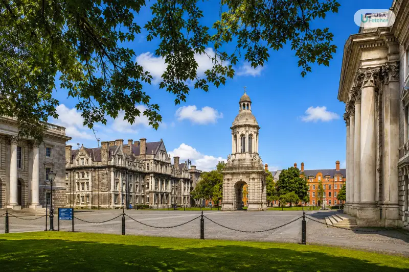 Trinity College Dublin historic campus courtyard with the iconic Campanile and classical buildings in Ireland