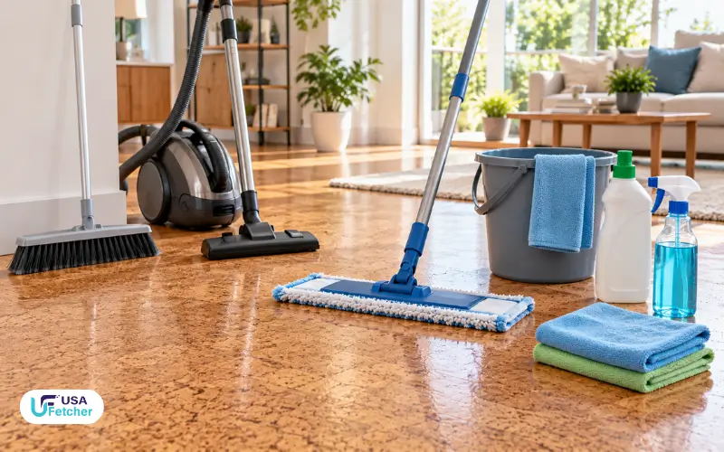 Cork floor cleaning supplies including a microfiber mop, vacuum, soft broom, bucket, cleaner, and cloths