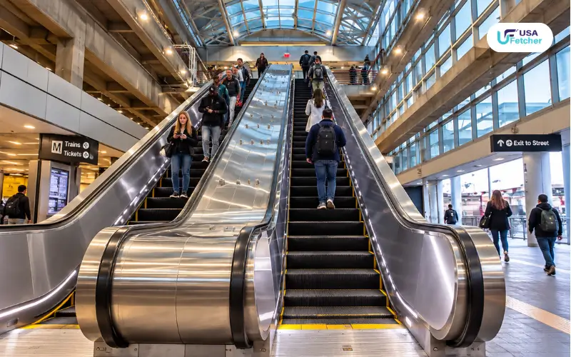 Travelers using escalators inside Union Station Metro in Washington DC