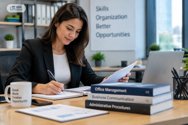 Administrative professional working on office tasks with laptop and documents