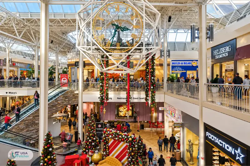 Festive holiday decorations inside Hulen Mall in Fort Worth