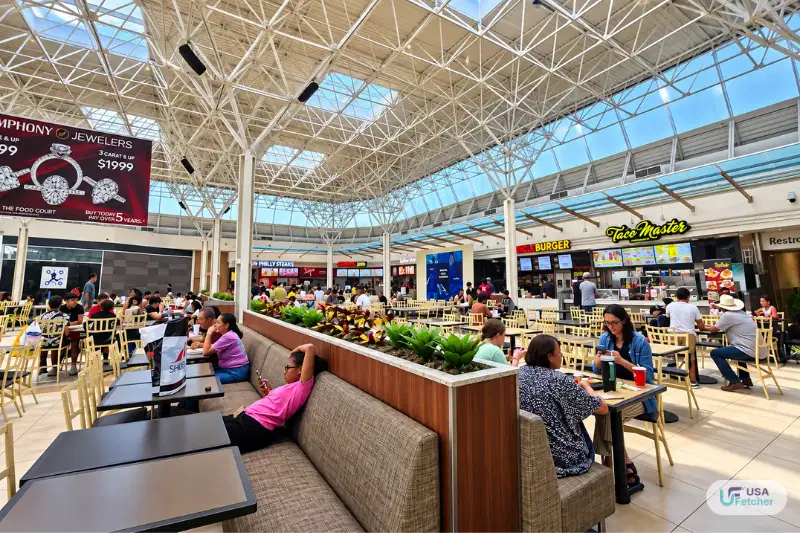 Food court dining area inside Hulen Mall in Fort Worth