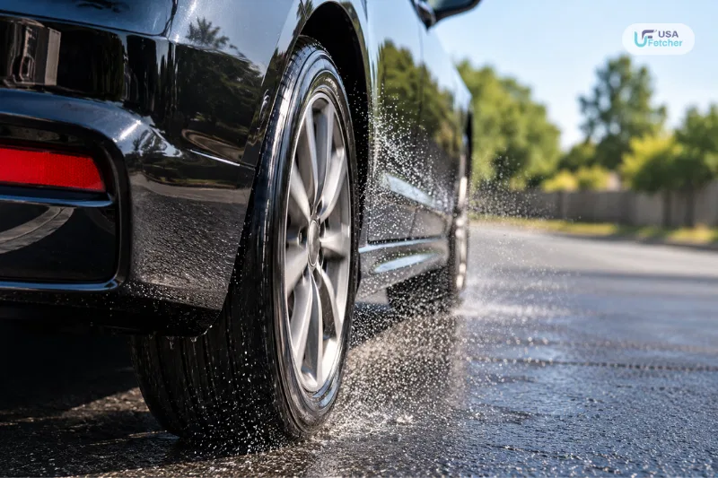 Glossy car tire splashing through wet pavement