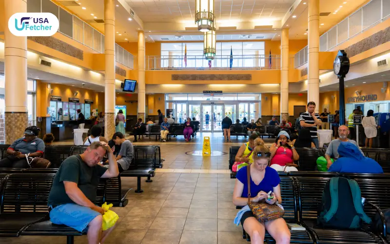 Indoor waiting area at Americanos Bus Station San Antonio