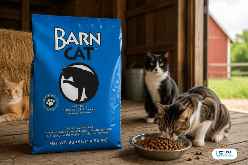 Barn Cat 32lb cat food bag with cats in a farm setting