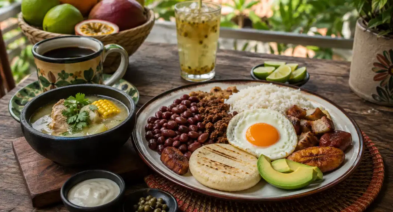 Colombian food feast with rice, beans, plantains, arepa, meat, soup, and tropical drinks