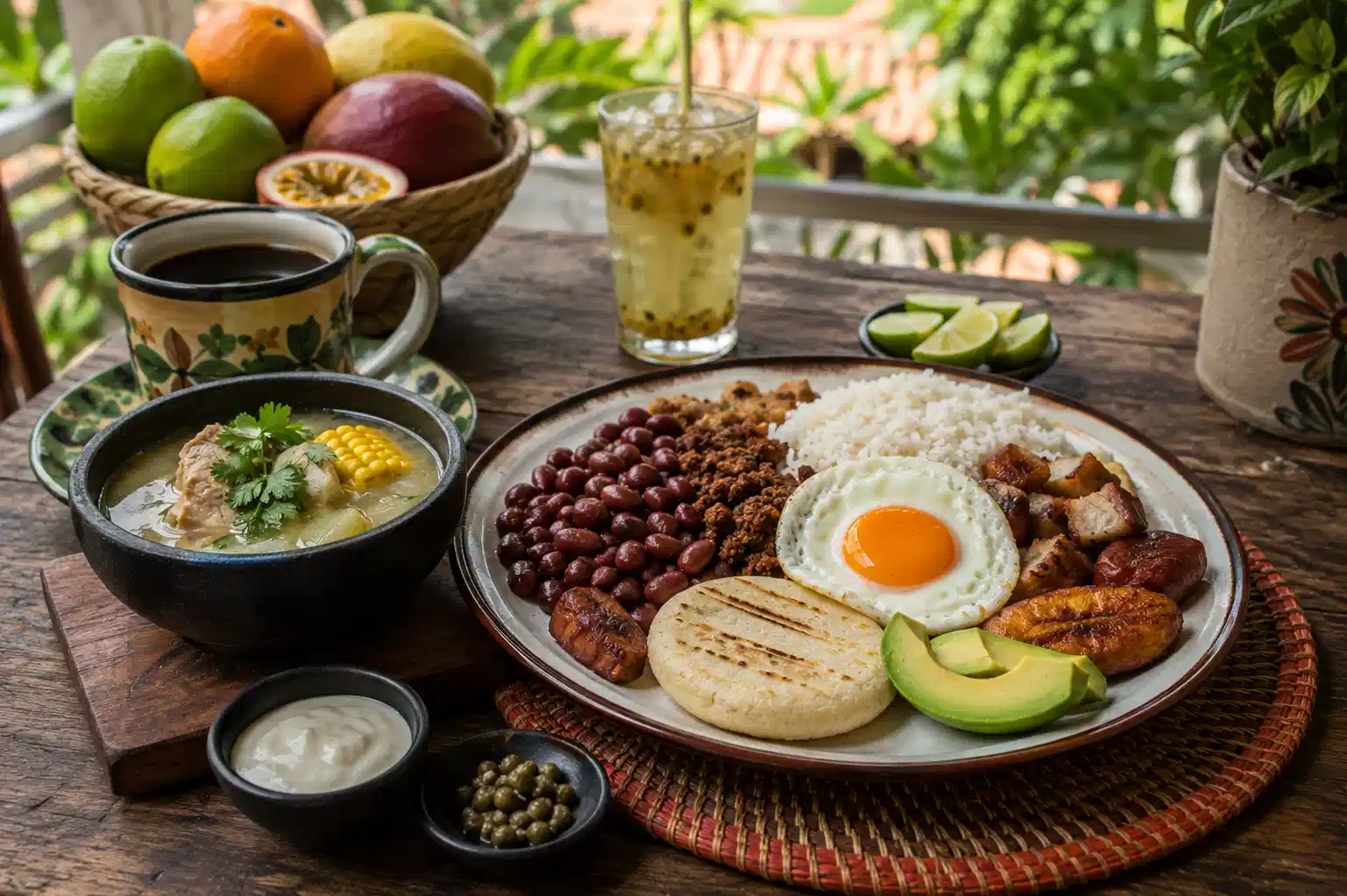 Colombian food feast with rice, beans, plantains, arepa, meat, soup, and tropical drinks