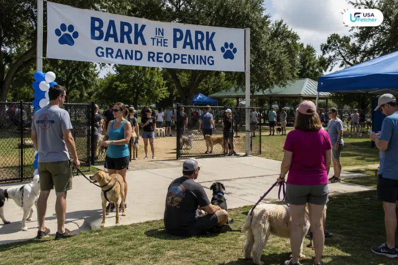 Families and dog owners attending a Bark in the Park grand reopening event at a renovated community dog park