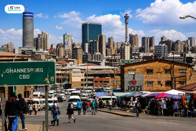 Johannesburg CBD skyline and street market
