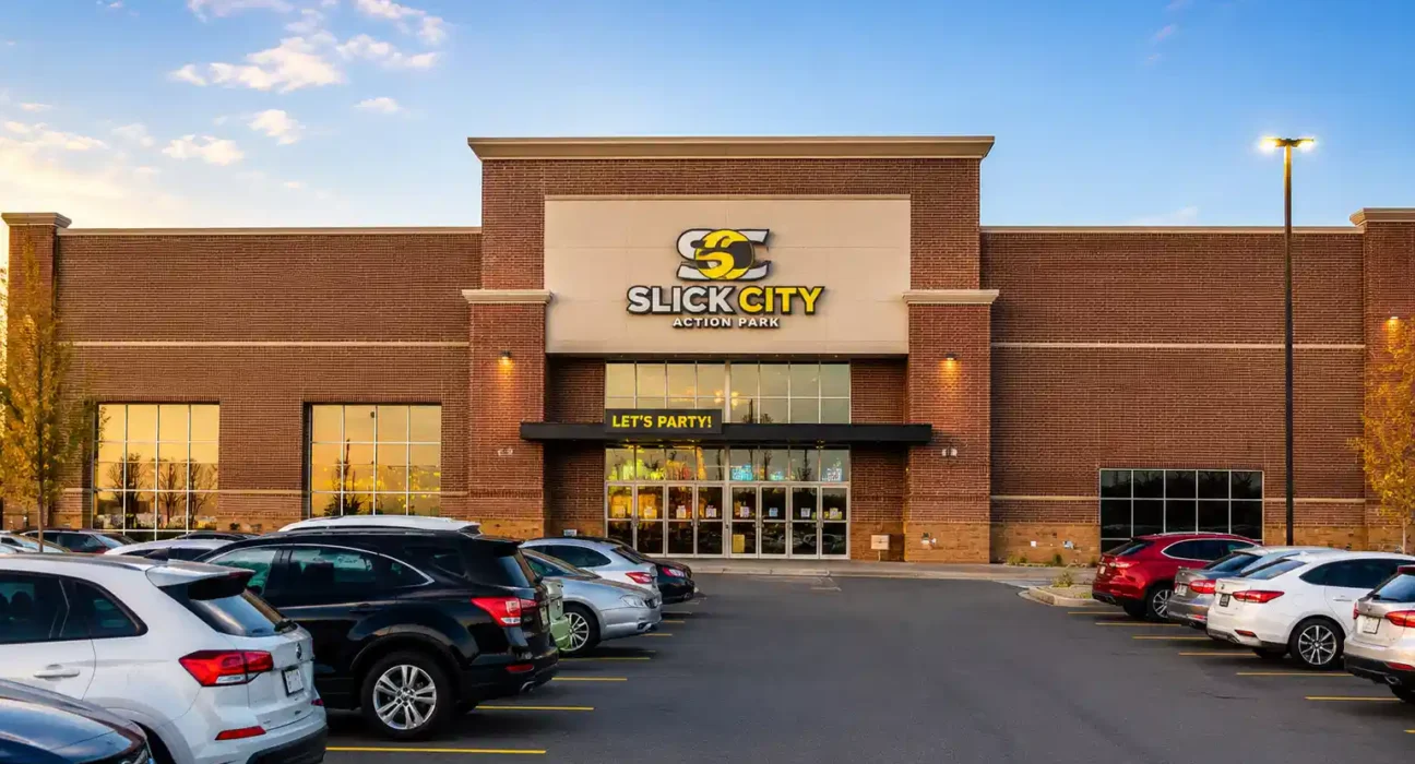 Slick City Action Park exterior with parking lot