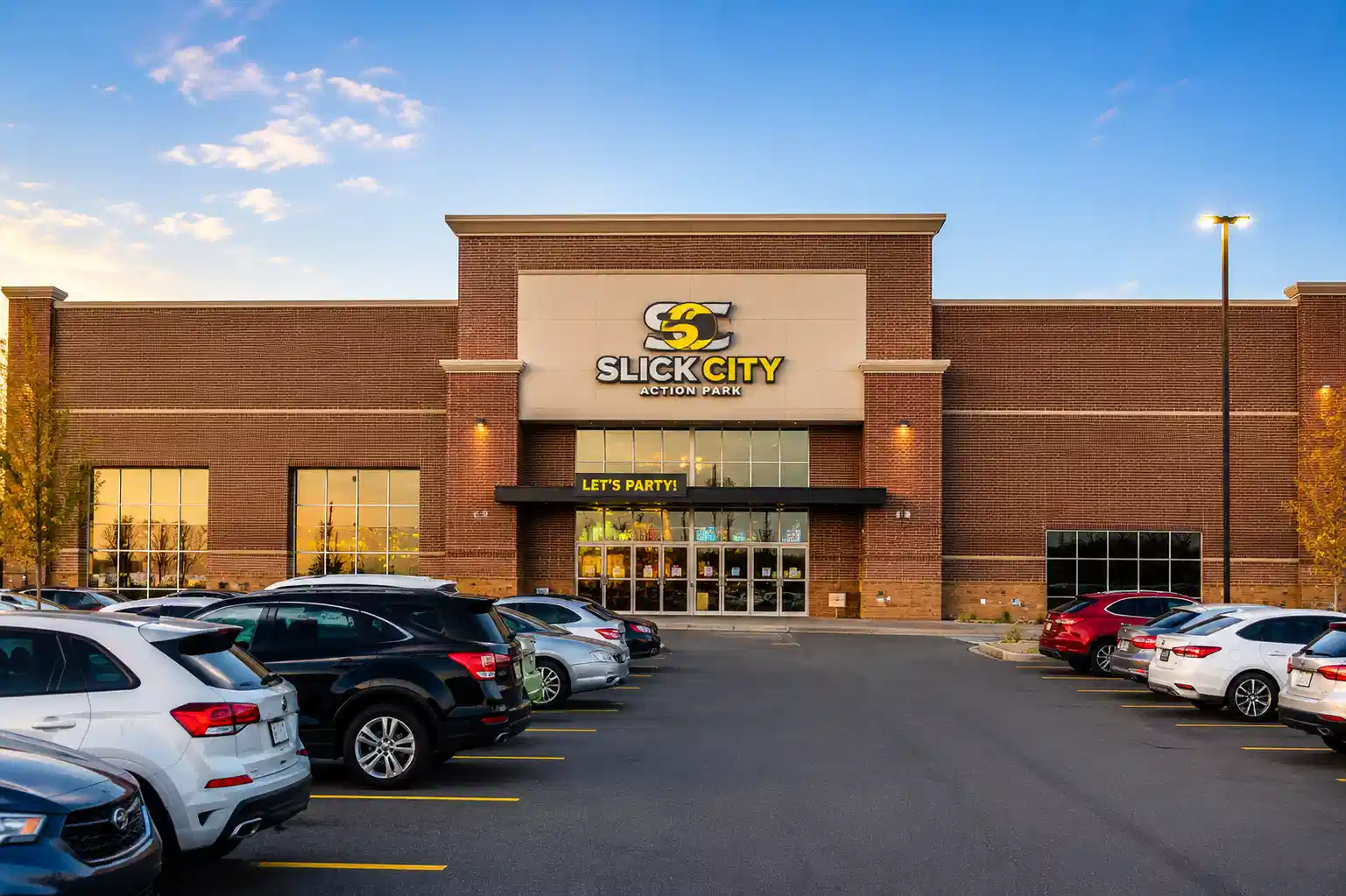 Slick City Action Park exterior with parking lot