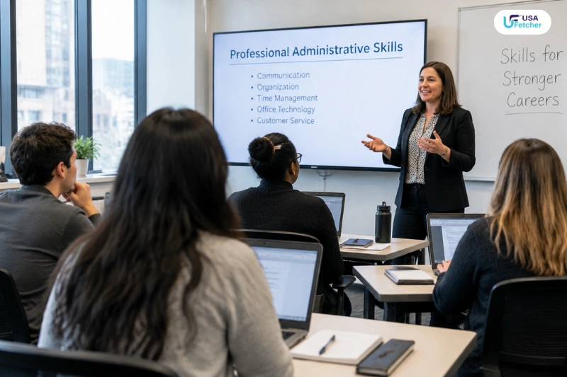 Administrative training class with instructor teaching office skills to students