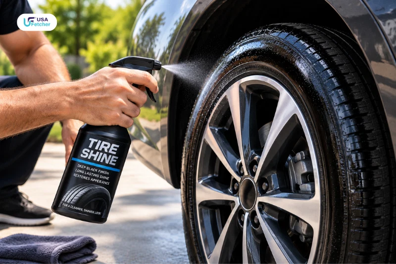 Person applying tire shine to a car tire